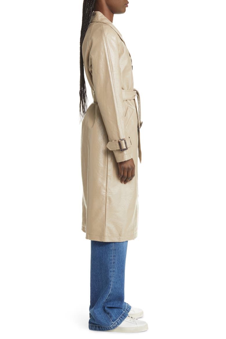 Double Breasted Faux Leather Trench Coat, Alternate, color, NOUGAT