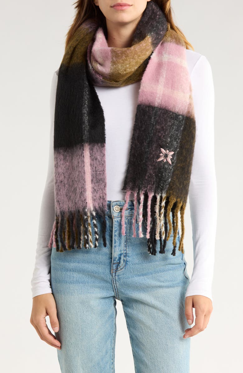 BCBG Plaid Blanket Wrap Scarf, Main, color, Olive Pink