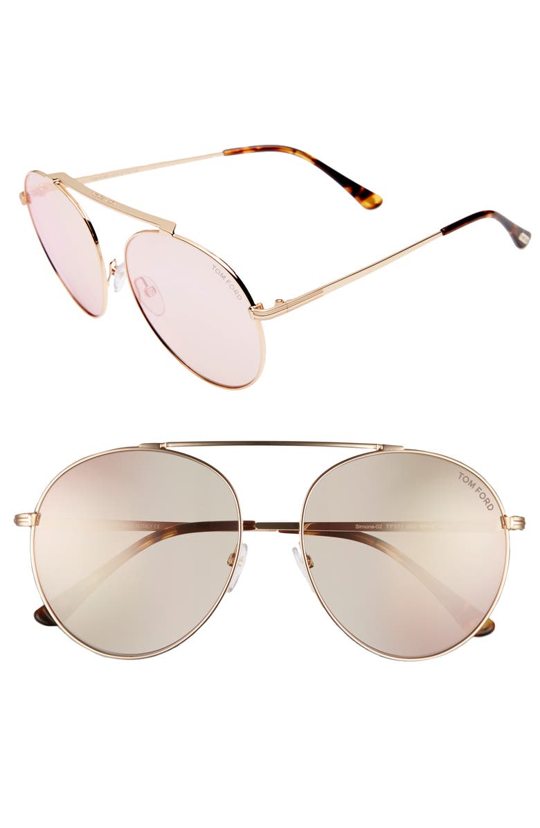 TOM FORD Simone 58mm Gradient Mirrored Round Sunglasses, Main, color, Rose Gold/ Light Brown Flash