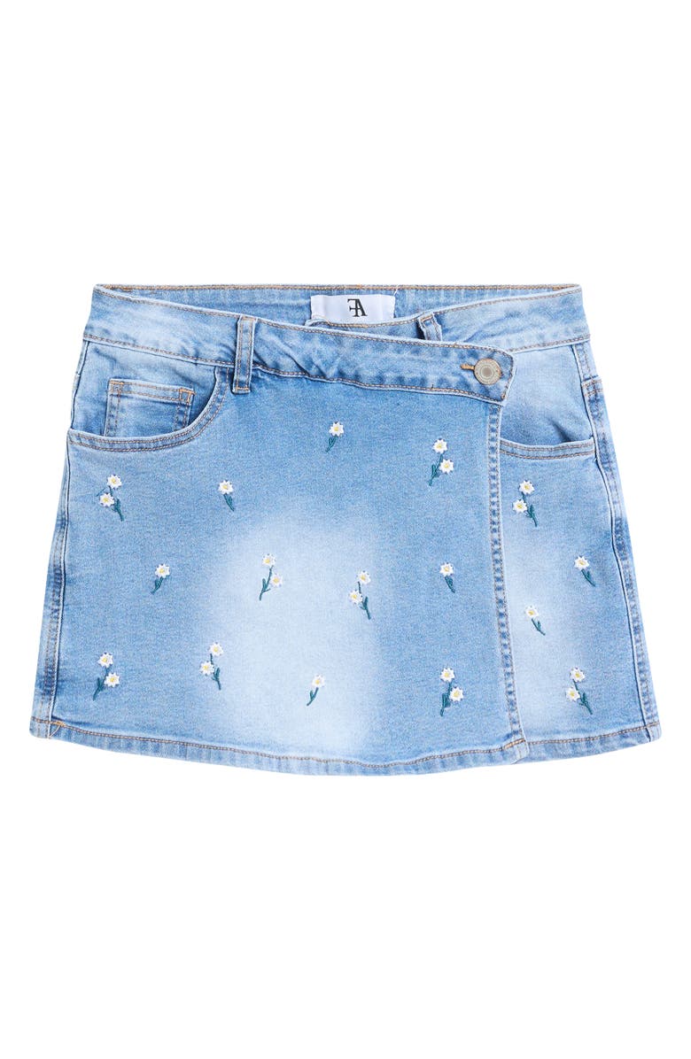 FLYING ANGEL Floral Embroidered Crossover Denim Skort, Main, color, Medium Light Wash