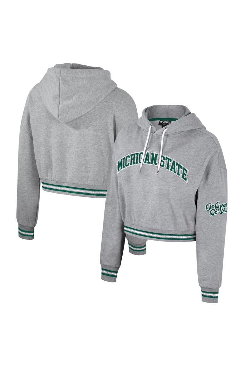 Women's The Wild Collective Heather Gray Michigan State Spartans Cropped Shimmer Pullover Hoodie, Main, color, Heather Gray