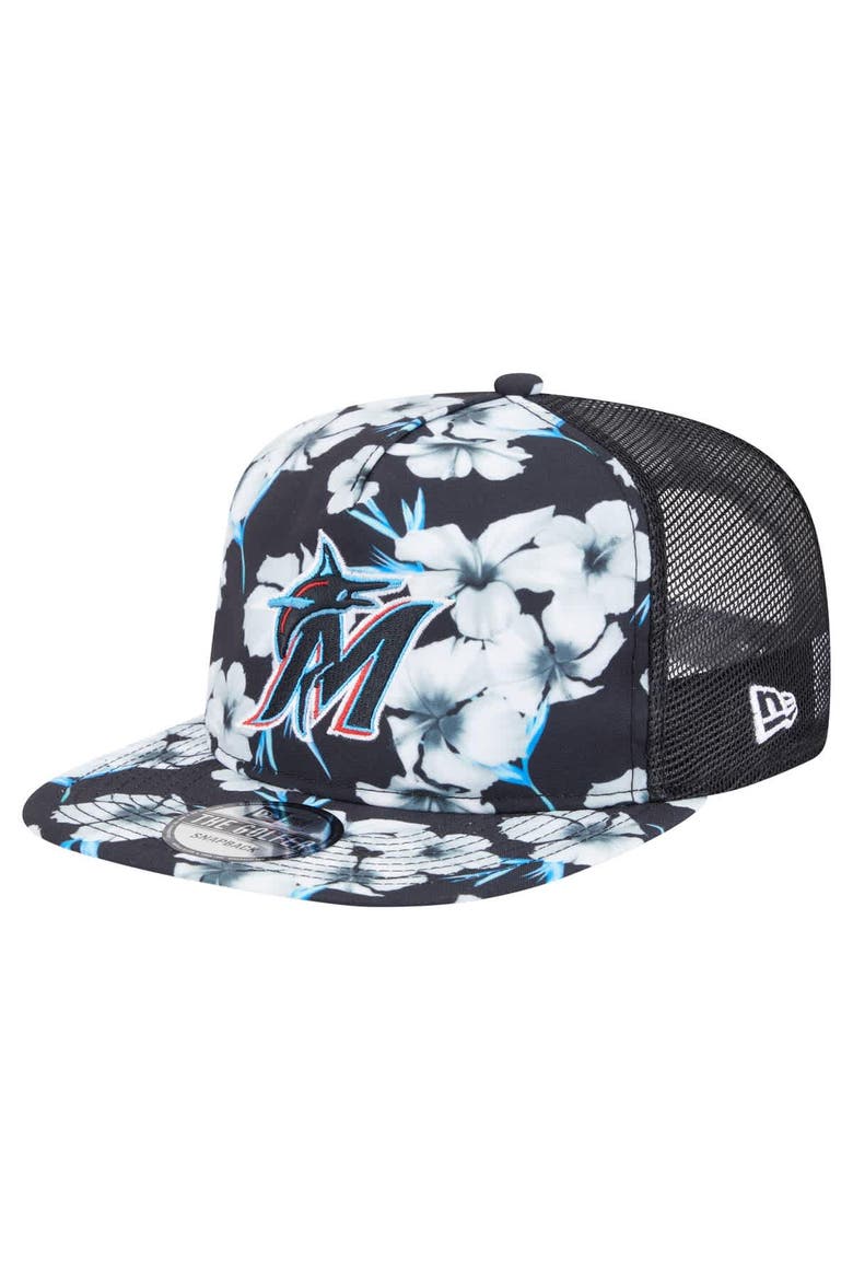 Men's New Era Black Miami Marlins Adventure Pattern Golfer Trucker Snapback Hat, Main, color, Black