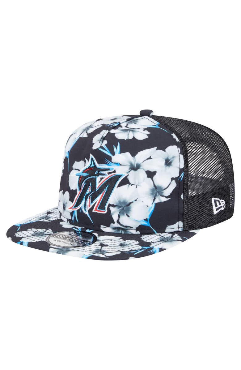 New Era Men's New Era Black Miami Marlins Adventure Pattern Golfer Trucker Snapback Hat, Main, color, Black