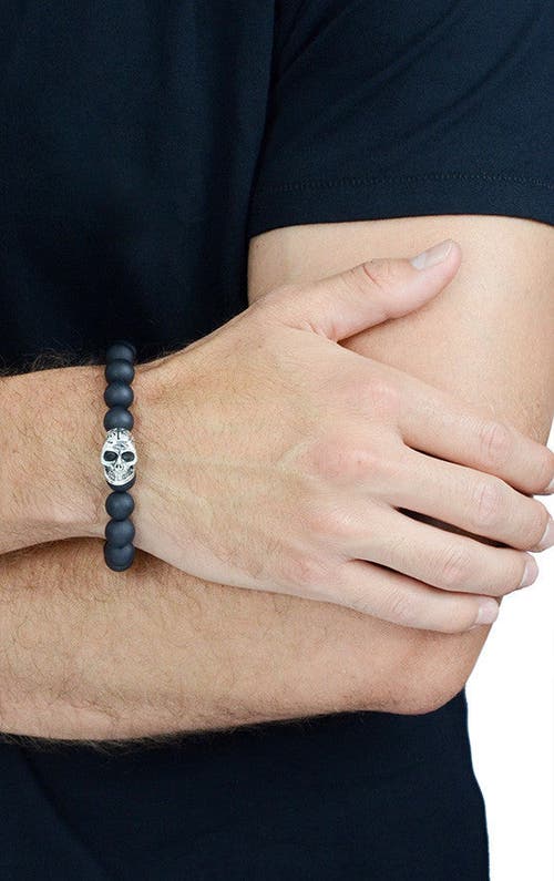 KING BABY STUDIO KING BABY STUDIO 10MM BLACK ONYX BEAD BRACELET WITH DAY OF THE DEAD SKULL 