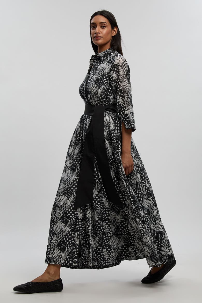 Long Sleeve Sash Waist Shirt Dress, Alternate, color, Mono