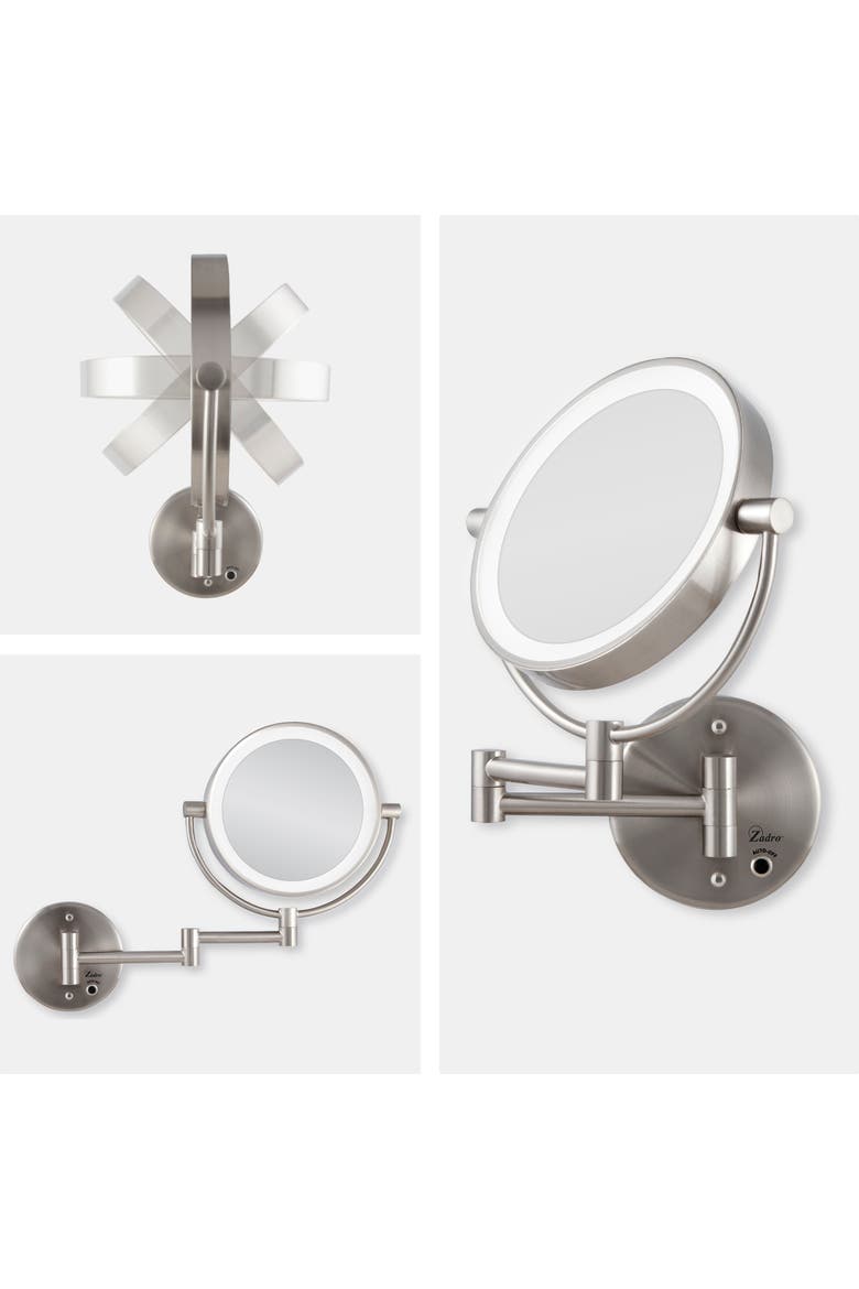 Lighted Wall Mounted Makeup Mirror with 5X/1X Magnification & Cordless, Alternate, color, Satin Nickel