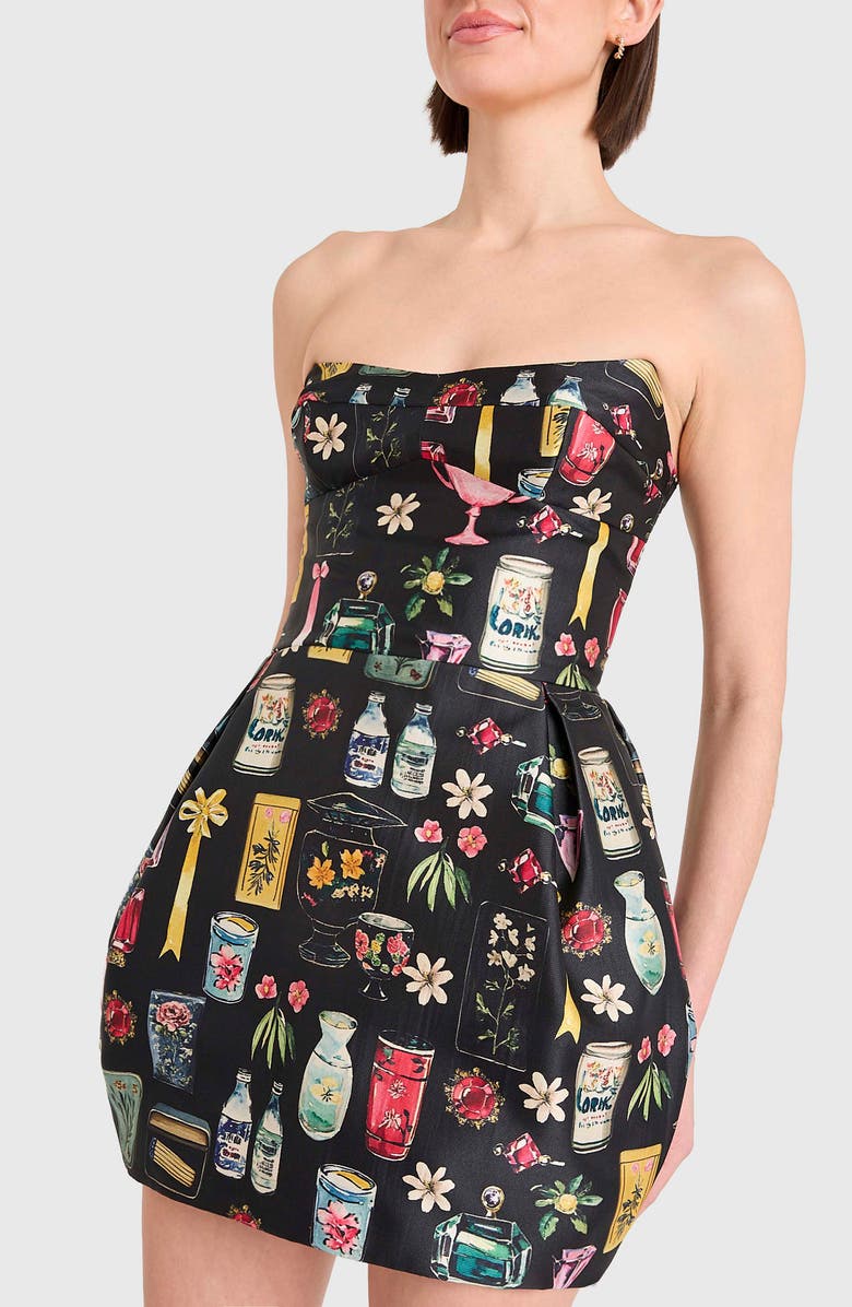 Amanda Uprichard Bowery Mixed Print Strapless Cocktail Minidress, Alternate, color, Black Tre Print