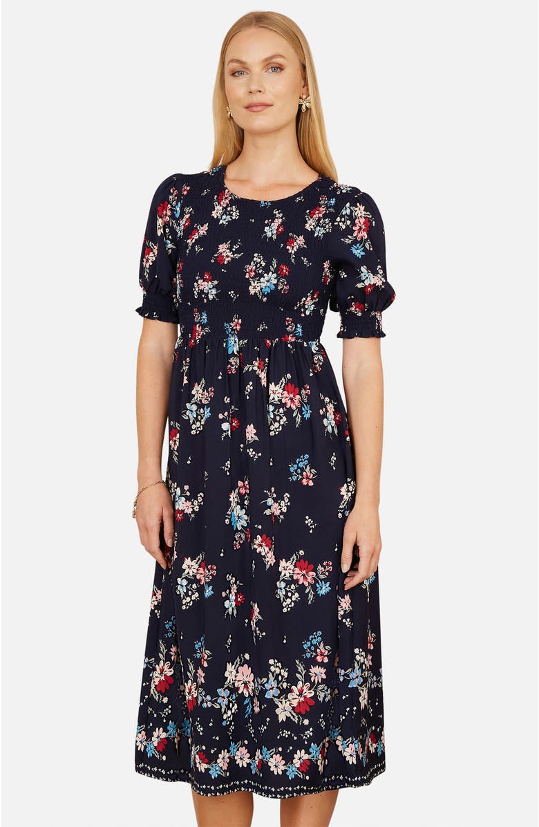 Yumi Smocked Bodice Floral Ruched Midi Dress, Alternate, color, Navy