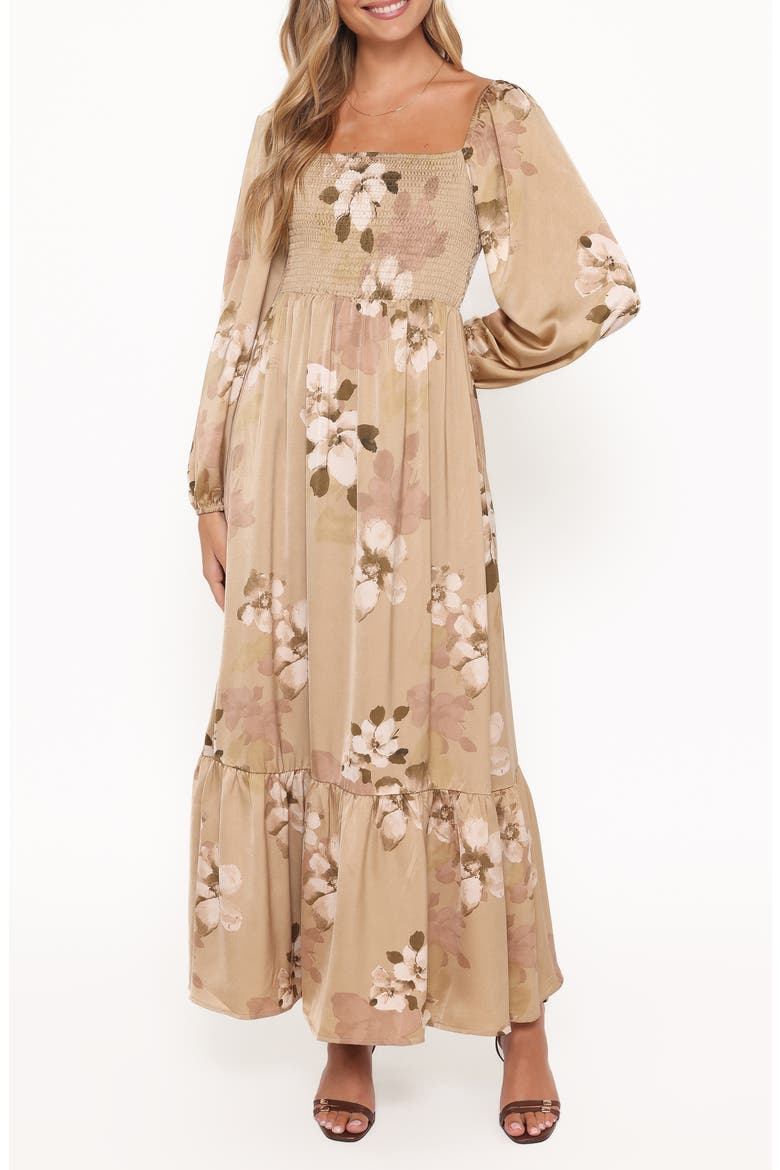Kindra Floral Smocked Tiered Maxi Dress, Main, color, BROWN FLORAL