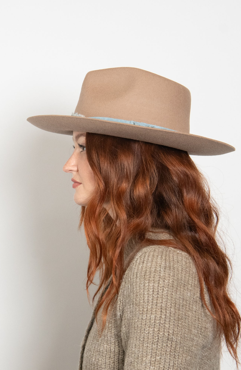 W Y E T H Denim Wrap Beaded Trim Scout Fedora, Alternate, color, Taupe
