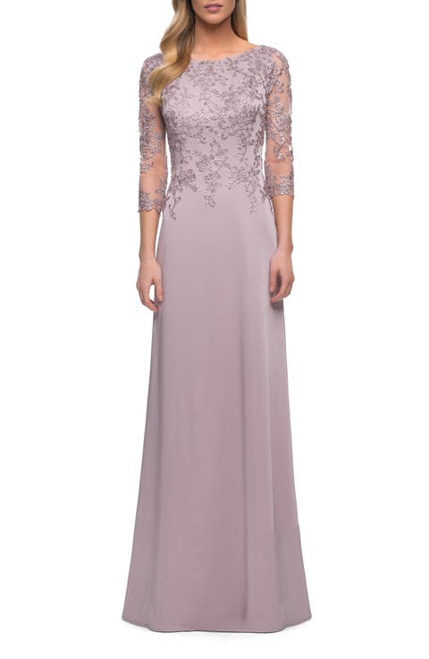Jersey Gown with Boat Neckline and Lace Detailing