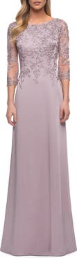 La Femme Jersey Gown with Boat Neckline and Lace Detailing