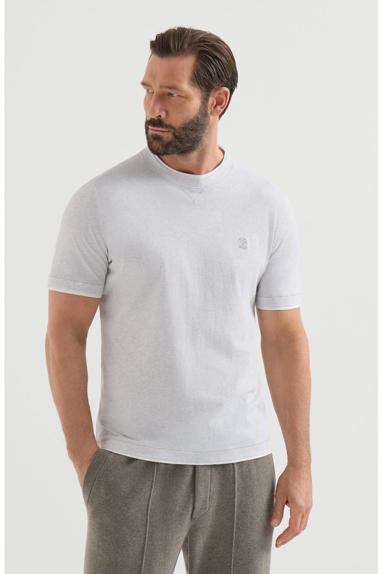 Cotton jersey crew neck T-shirt with logo and faux-layering, Main, color, Pearl Grey