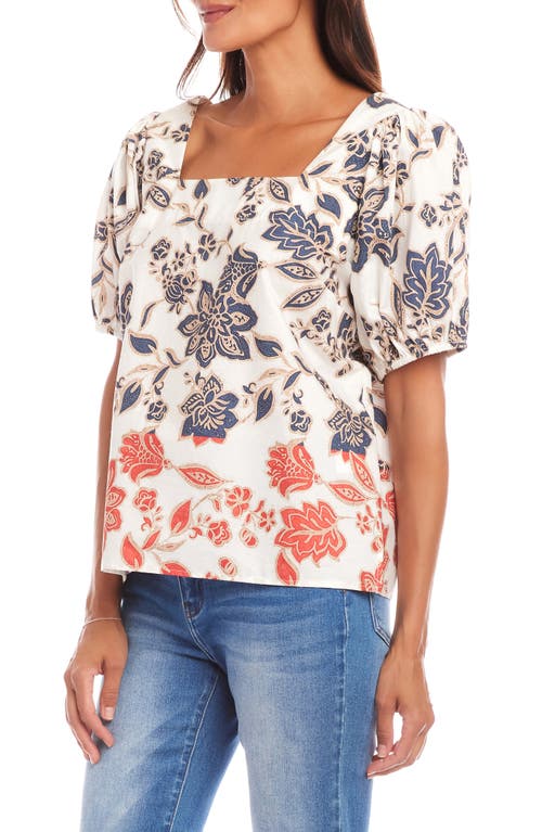 Karen Kane Puff Sleeve Square Neck Poplin Print Top In Multi In White Floral Print