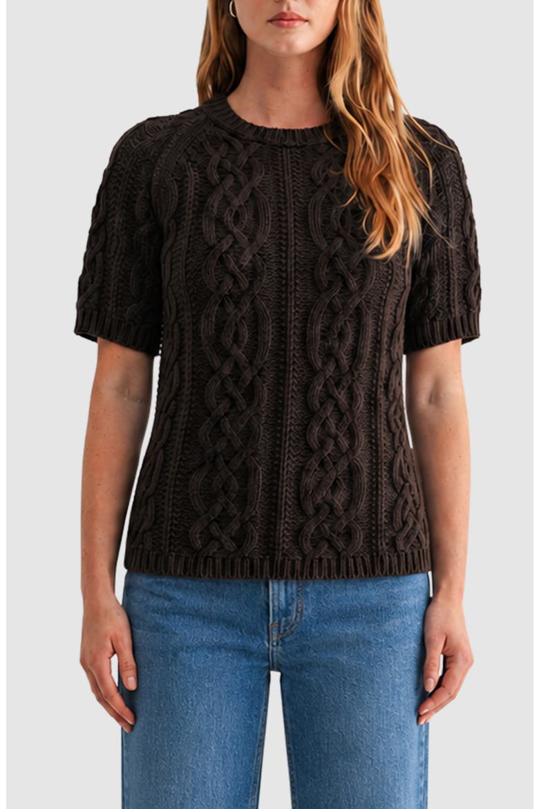 Cable Knit Short Sleeve Sweater, Main, color, DARK BROWN