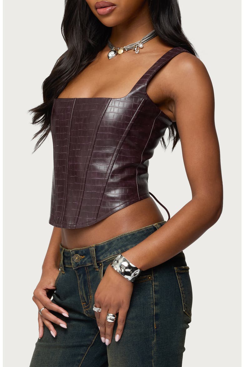 Shana Croc Embossed Faux Leather Corset Top, Alternate, color, BROWN