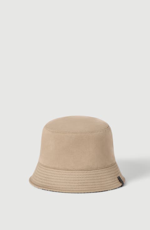 Cotton, linen and virgin wool reversible bucket hat with monili
