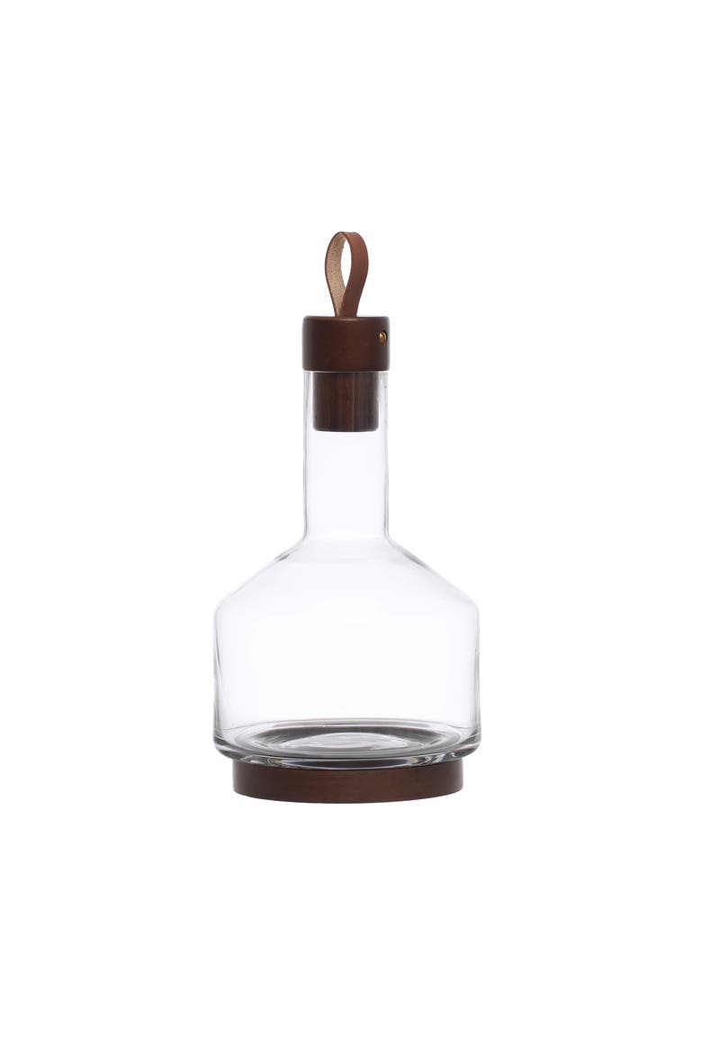 Glass Carafe with Acacia Wood Base, Stopper and Leather Pull, Main, color, Clear