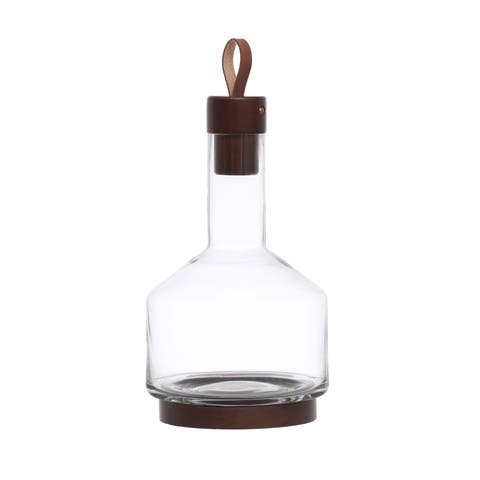 Glass Carafe with Acacia Wood Base, Stopper and Leather Pull