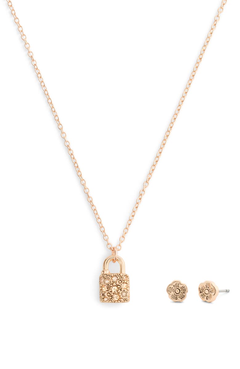 COACH Pavé Padlock Pendant Necklace & Stud Earrings Set, Main, color, Crystal/ Rose Gold