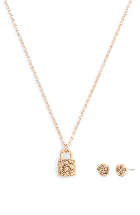 Pavé Padlock Pendant Necklace & Stud Earrings Set