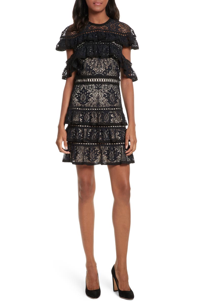 Alice + Olivia Jolie Tiered Ruffle Lace Dress, Main, color,