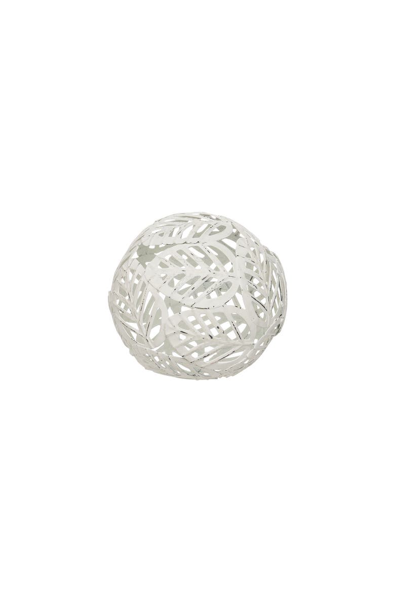 White Distressed Metal Laser Cut Leaf Pattern Decorative Sculpture, Main, color, White