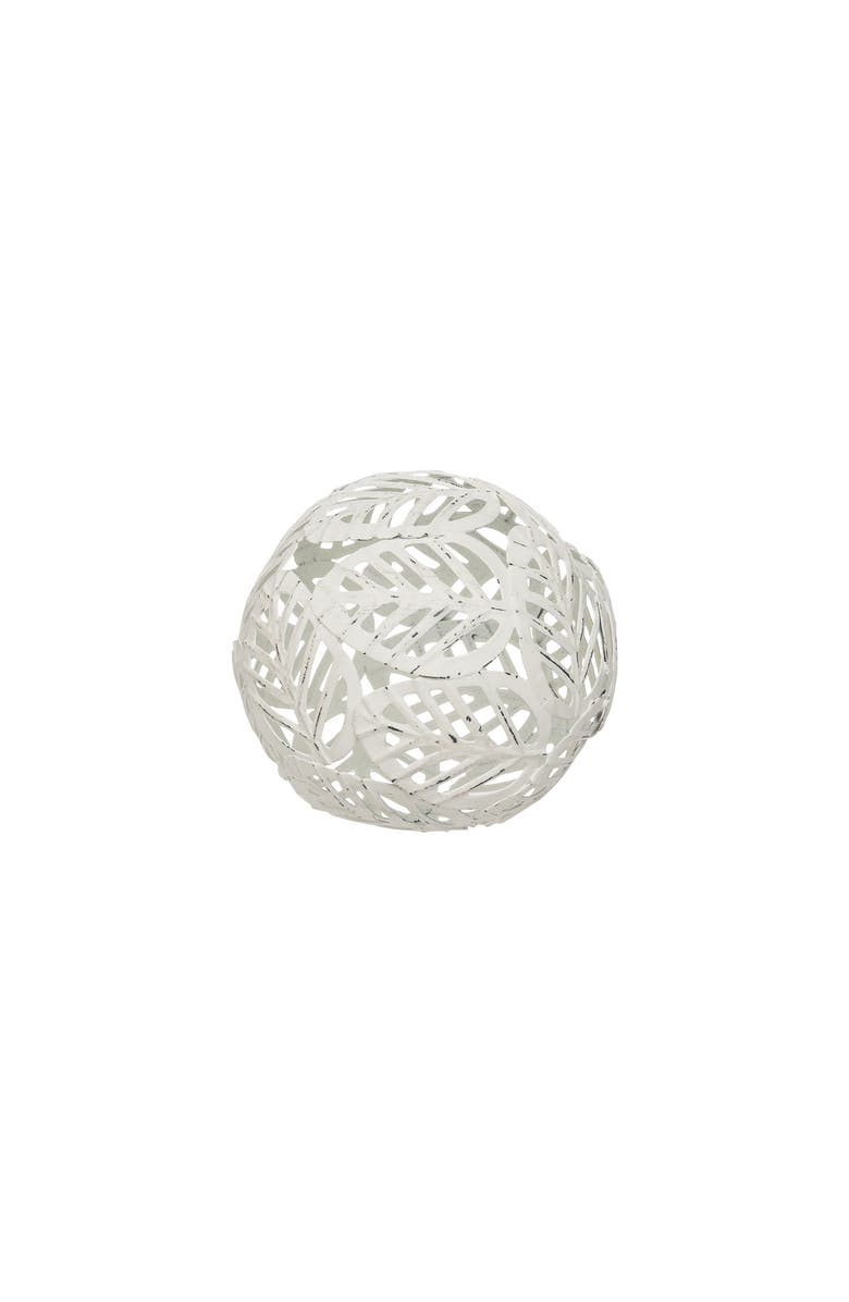 Foreside Home and Garden White Distressed Metal Laser Cut Leaf Pattern Decorative Sculpture, Main, color, White