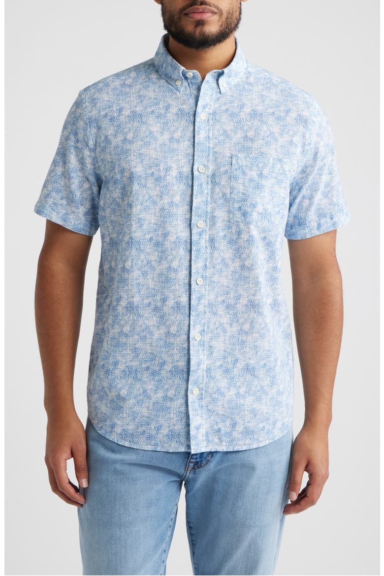 Hampton Abstract Print Short Sleeve Stretch Cotton Button-Down Shirt, Main, color, BLUE OMBRE GRID