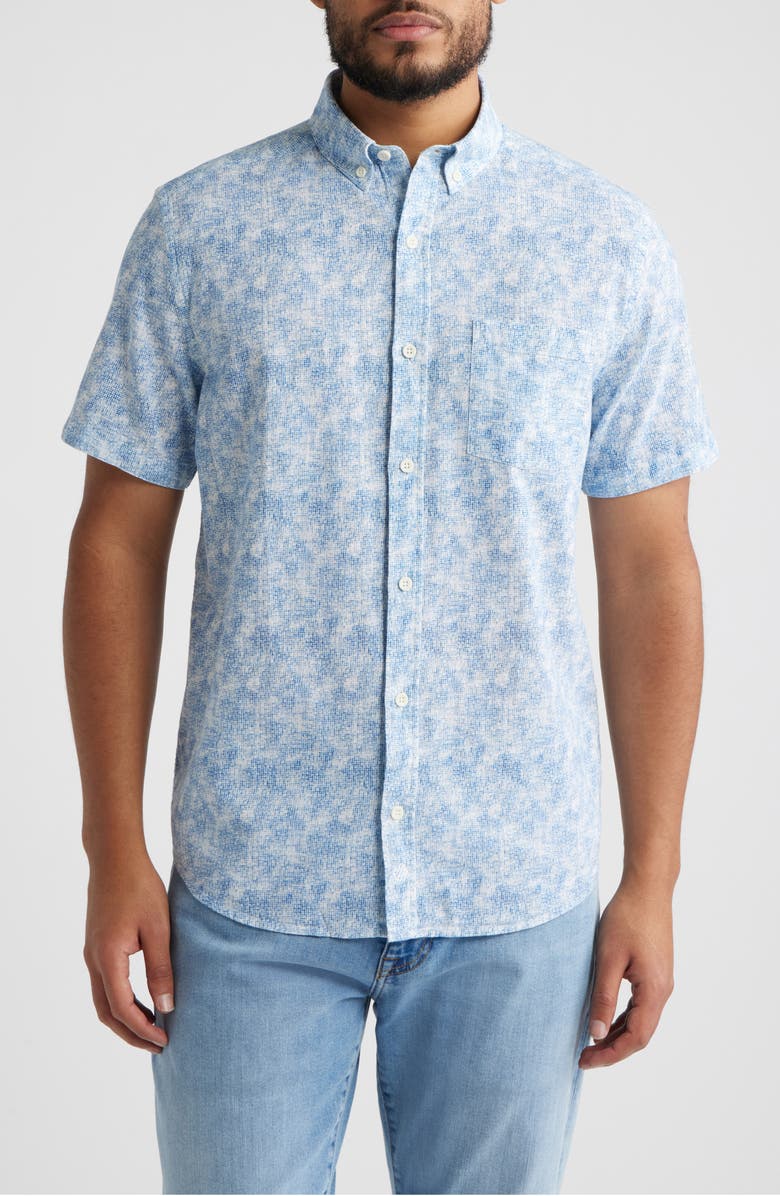 Johnston & Murphy Hampton Abstract Print Short Sleeve Stretch Cotton Button-Down Shirt, Main, color, Blue Ombre Grid