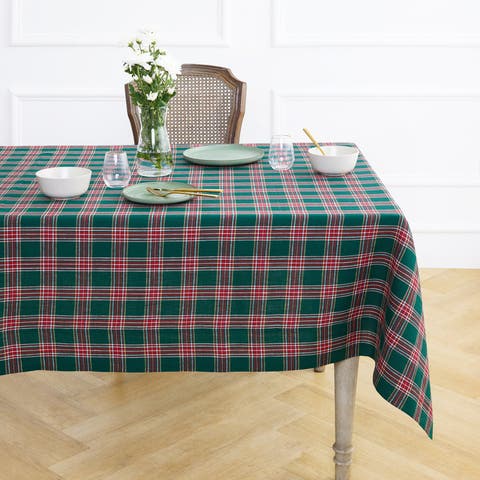 Linen Tablecloth for Dining Table, Holiday and Everyday Dining Table Decor - Green Tartan Plaid