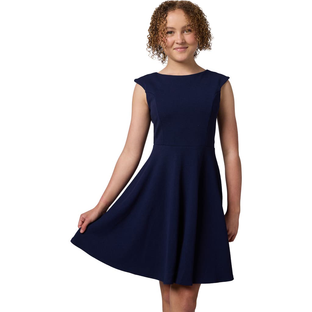Un Deux Trois Textured Cap Sleeve Dress In Navy