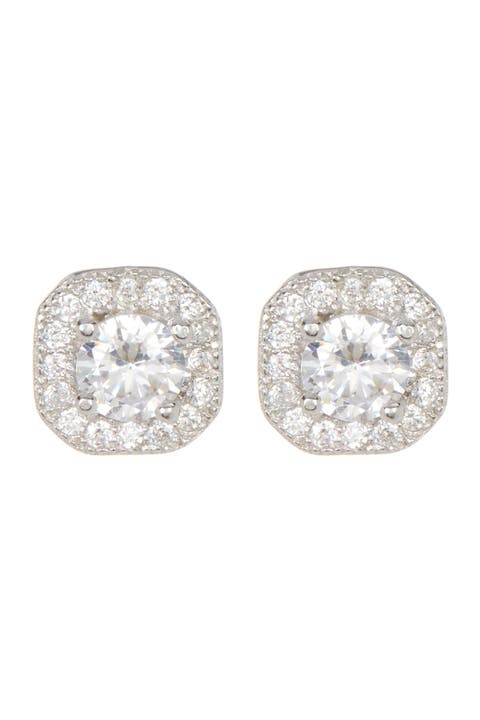 White Rhodium Plated Swarovski Crystal Halo Stud Earrings