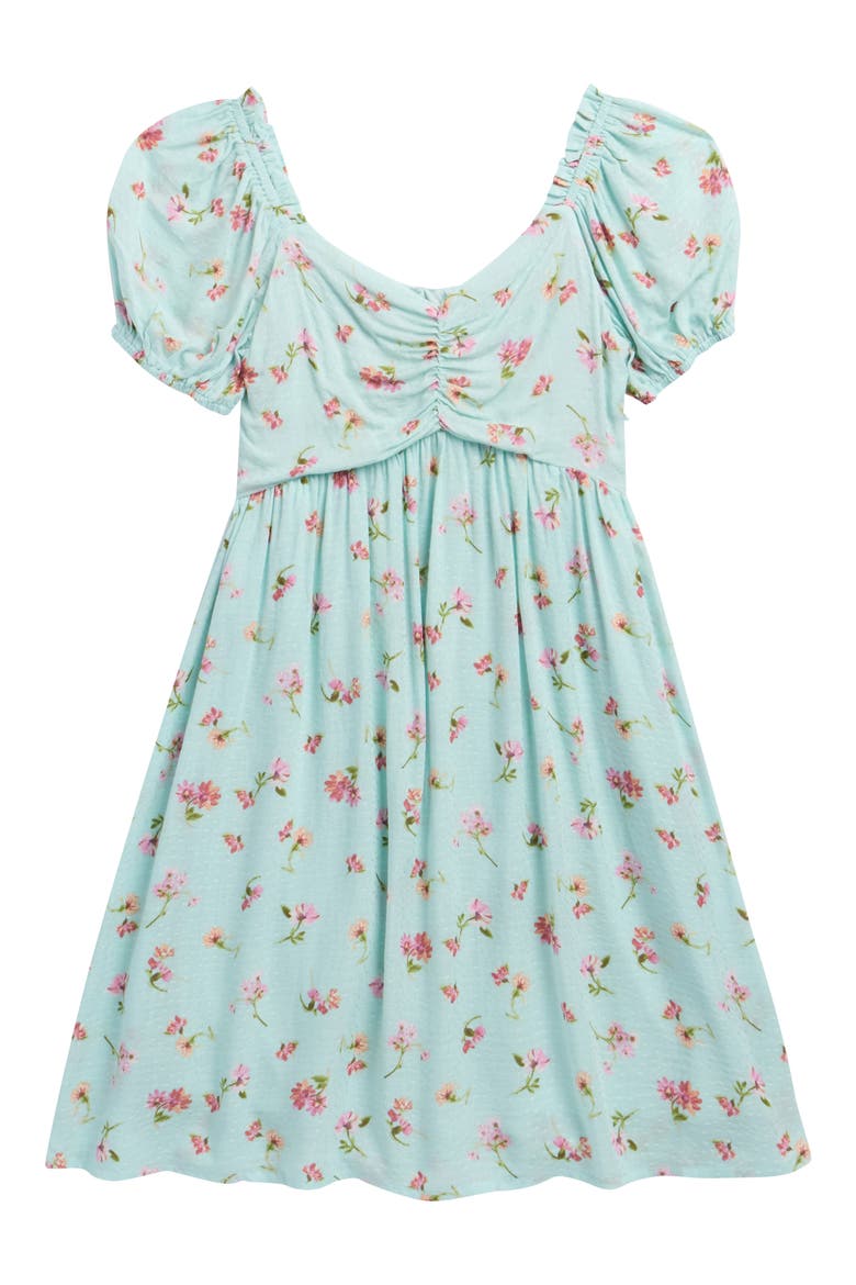 Kids' Floral Puff Sleeve Clip Dot Sundress, Main, color, ROBIN EGG BLUE FLORAL