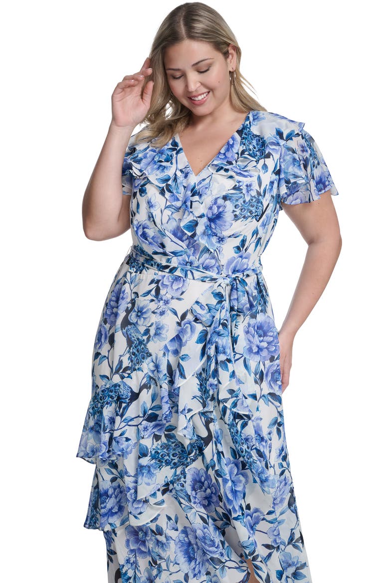Floral Wrap Bodice Asymmetrical Ruffle Maxi Dress, Alternate, color, IVORY BLUE