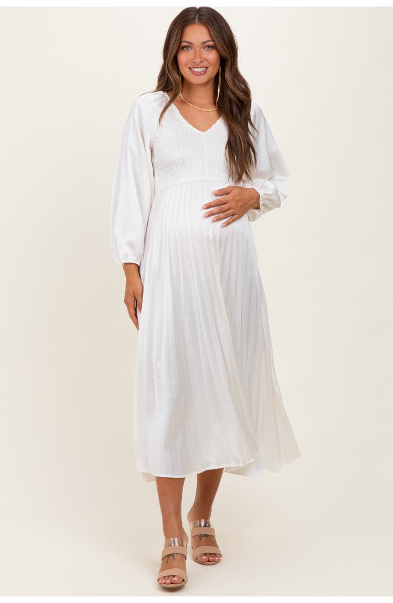 PinkBlush Satin Smocked Pleated Midi Dress, Main, color, Cream