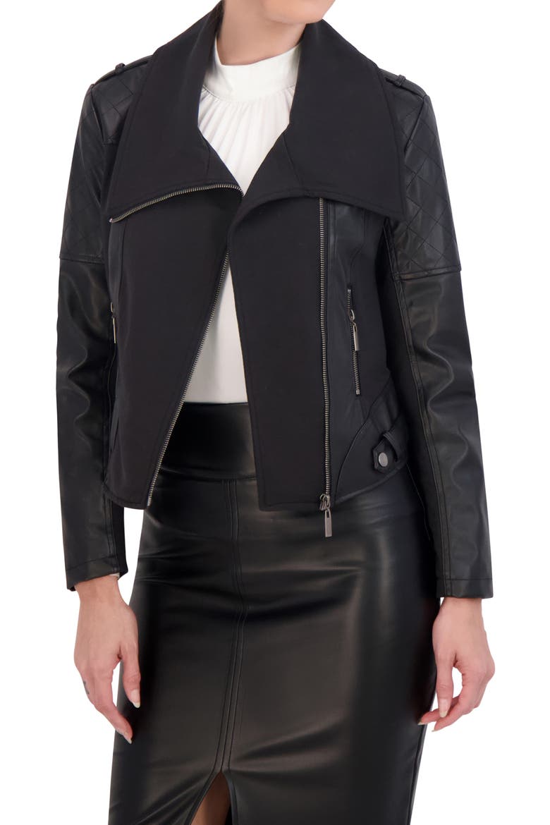 Faux Leather Mixed Media Moto Jacket, Alternate, color, BLACK