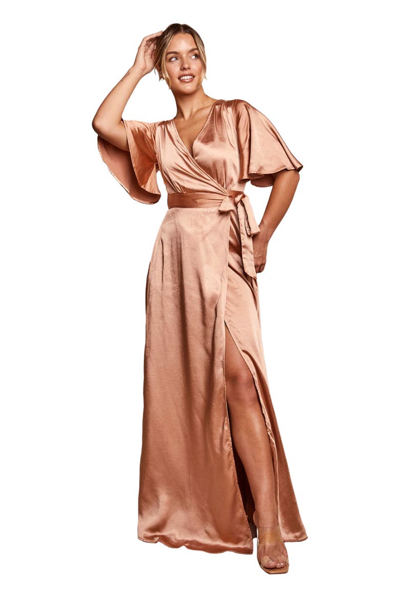 Wrap Tie Satin Bridesmaid Dress, Main, color, Burnt Peach