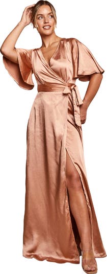 rose gold satin wrap dress Rose Satin Wrap Dress S