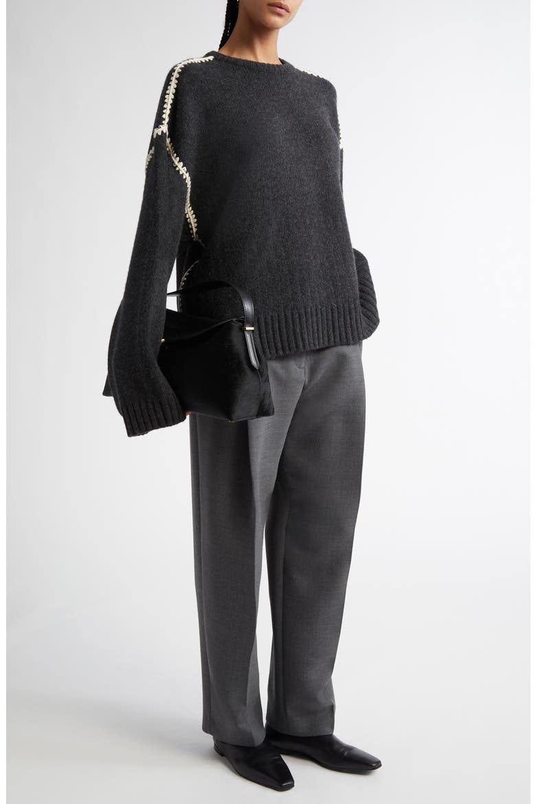 Shell Stitch Trim Wool, Cashmere & Cotton Sweater, Alternate, color, GREY MELANGE 074