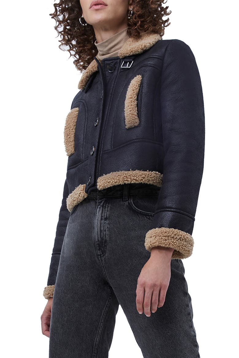 Belen Faux Shearling Crop Jacket, Alternate, color, BLACK-BROWN