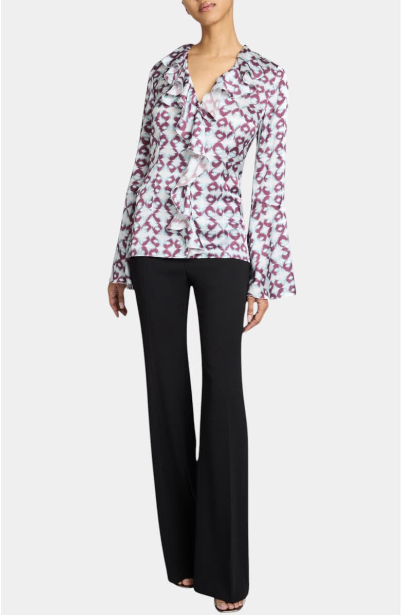 Santorelli Sydney Long Sleeve Button Down Blouse with Ruffles in Graphic Printed Charmeuse, Alternate, color, Ocean Mist