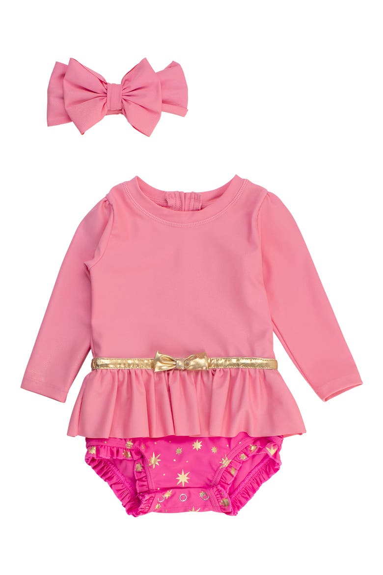 Princess One-Piece Rashguard Swimsuit & Bow Head Wrap Set, Main, color, PINK