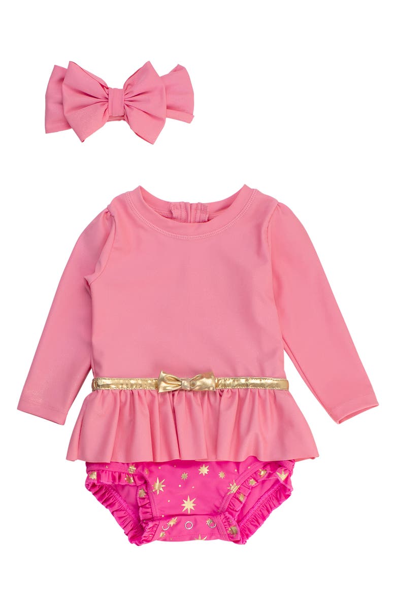 RuffleButts Princess One-Piece Rashguard Swimsuit & Bow Head Wrap Set, Main, color, Pink