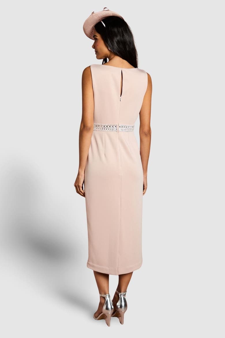 Embellished Waist Ponte Midi Dress, Alternate, color, Mocha
