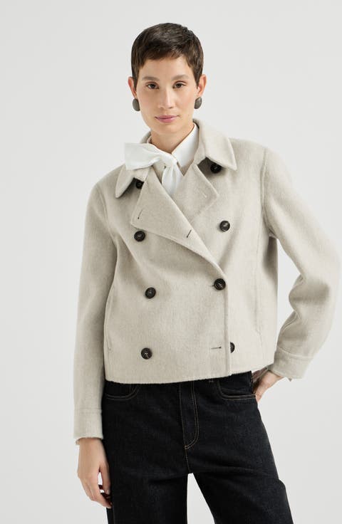 Hand-crafted cropped pea coat in cashmere double beaver cloth with monili