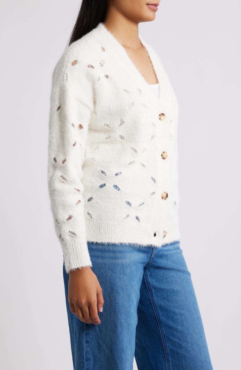 Bobeau Cutout Button-Up Cardigan, Alternate, color, Ivory