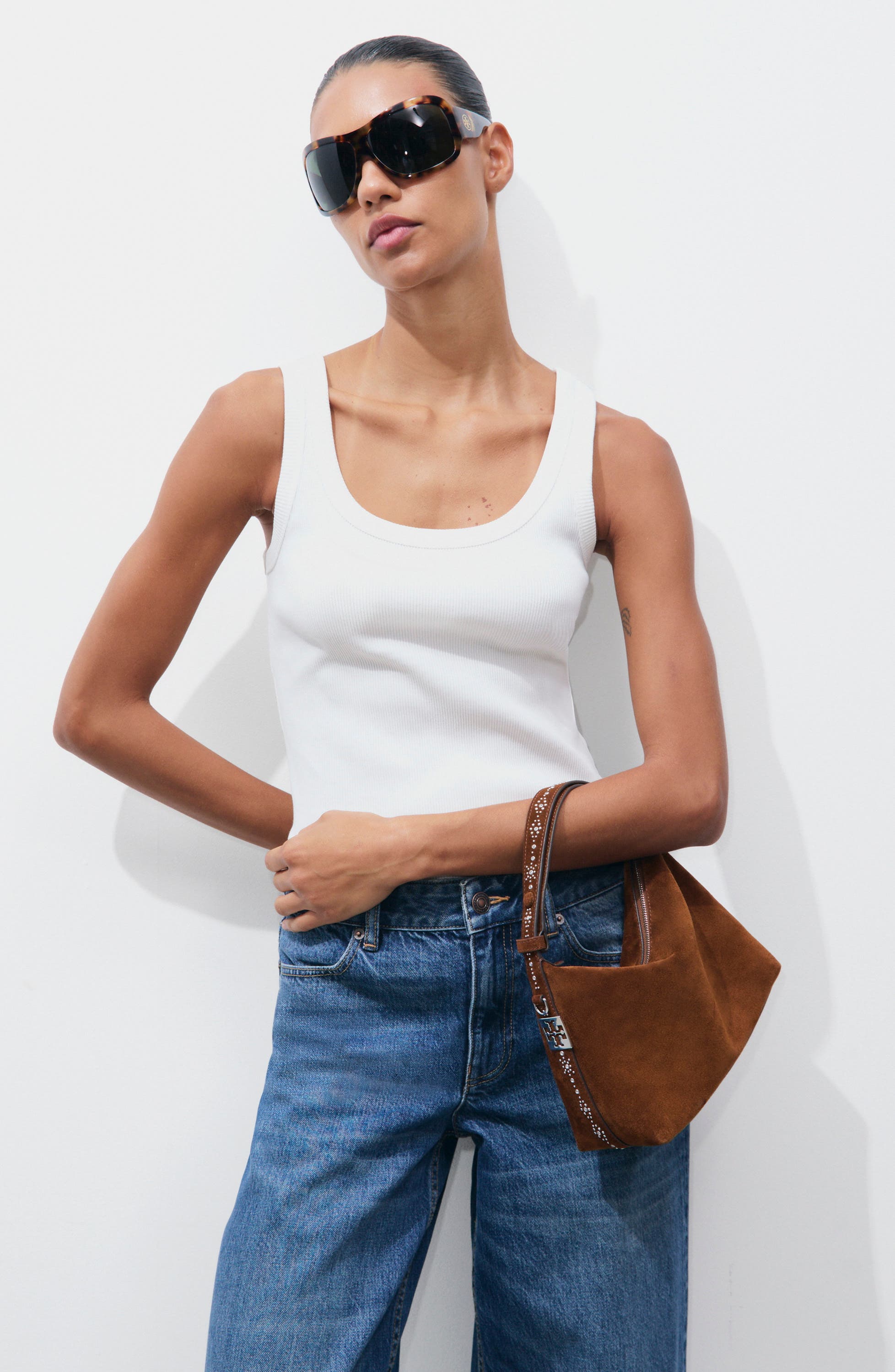 Mellow Studded Suede Shoulder Bag, Alternate, color, CARAMEL