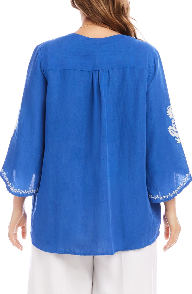 Karen Kane Embroidered Asymmetric Hem Linen Blend Top, Alternate, color, Blue