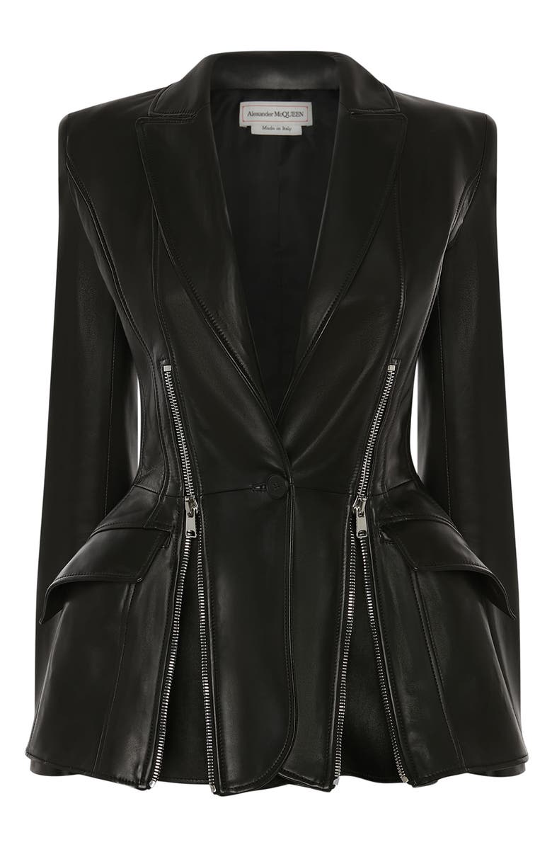 McQueen Alexander McQueen Zip Detail Peplum Lambskin Leather Jacket, Alternate, color, 